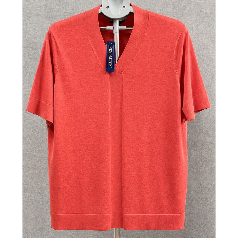 Pendleton Women's 1X Silk Blend V-Neck Short Sleeve Sweater NWT Coral